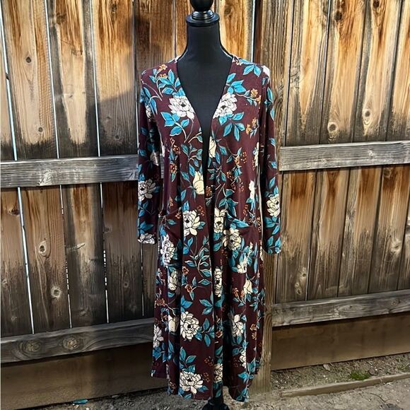 LulaRoe cardigan patch pockets floral knit brown blue Small FIRM on PRiCE - Picture 1 of 6